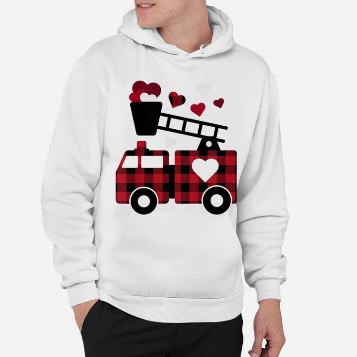 Kids Fire Truck Buffalo Plaid Valentines Day Mom Dad Son Hoodie