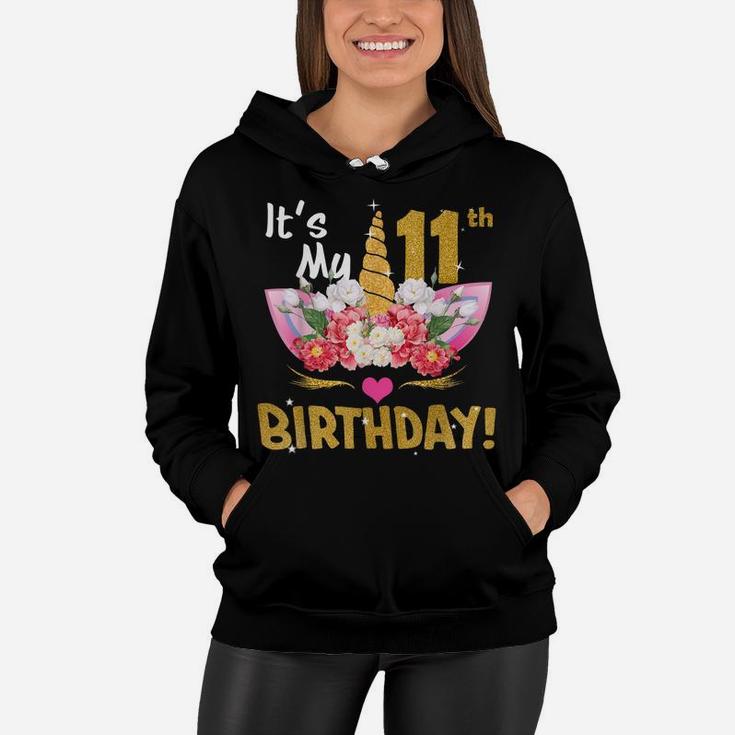 11Th Birthday Girl 11 Years Old Awesome Unicorn Flower Bday Women Hoodie