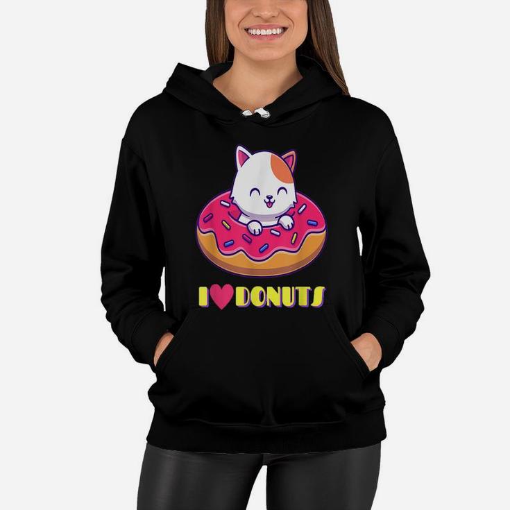 Cute Cuddly Kitty I Love Donuts Food - Cat Lovers For Girls Women Hoodie