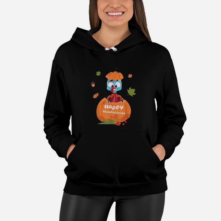 Cute Turkey Pilgrim In Pumpkin Thanksgiving Kids Women Hoodie