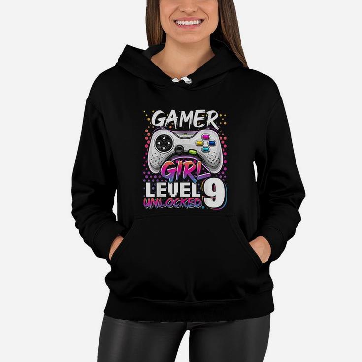 Gamer Girl Level 9 Unlocked Video Game 9Th Birthday Gift Women Hoodie