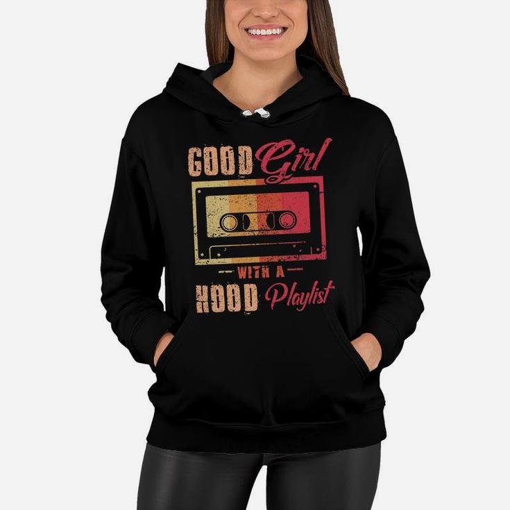 Good Girl With A Hood Playlist Funny Cassette Tape Women Hoodie