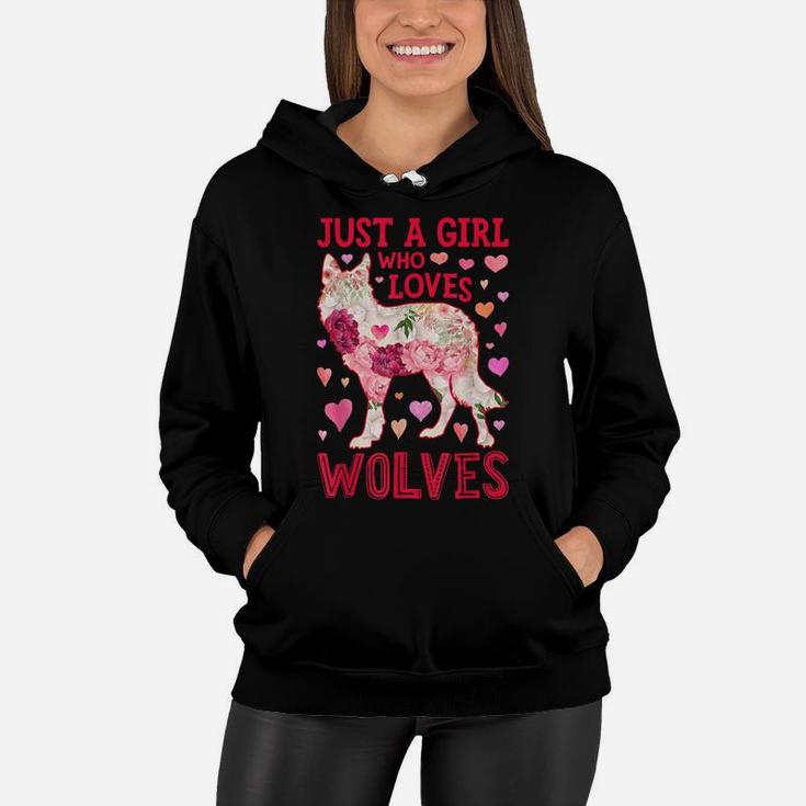 Just A Girl Who Loves Wolves Funny Wolf Silhouette Flower Women Hoodie