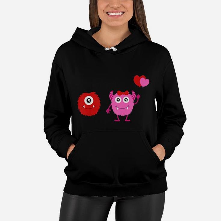 Kids Boys And Girls Valentines Day Monsters With Heart Balloons Women Hoodie