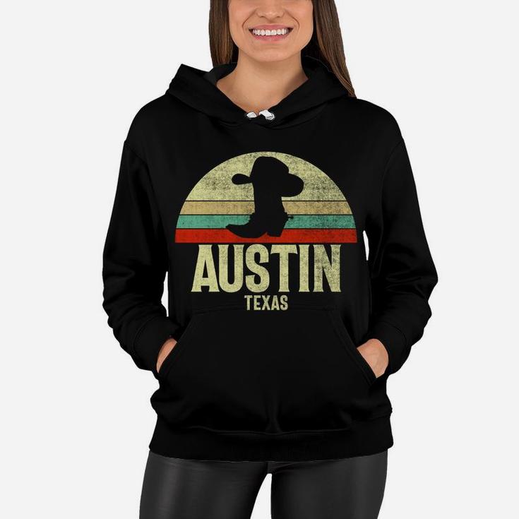 Retro Austin Texas Cowboy Hat On Cowboy Boot Vintage Sweatshirt Women Hoodie