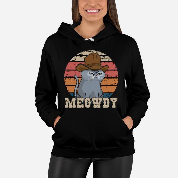 Texas Meowdy Cat Cowboy Hat Feline Funny Lover Pun Vintage Women Hoodie