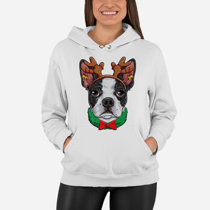 Boston Terrier Christmas Reindeer Antlers Xmas Girls Dog Women Hoodie