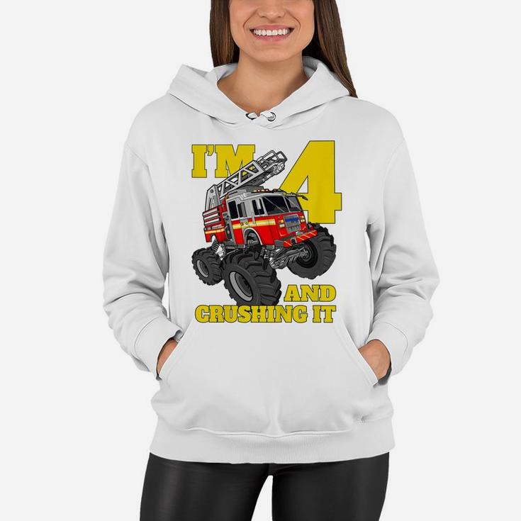 Kids Monster Fire Truck 4Th Shirt Birthday Boy 4 Firefighter Gift Women Hoodie