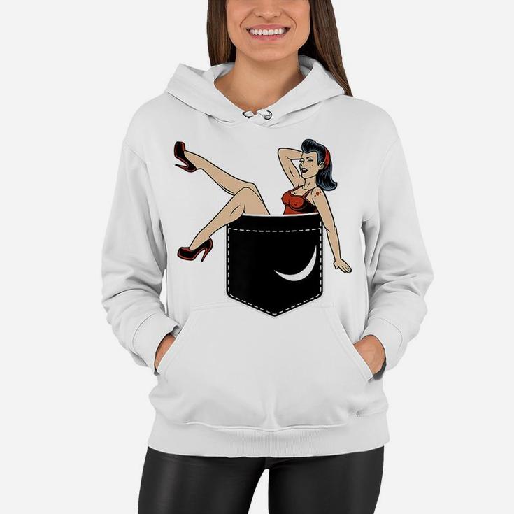 Pin Up Girl In Pocket Funny Vintage Retro Illustration Gifts Women Hoodie