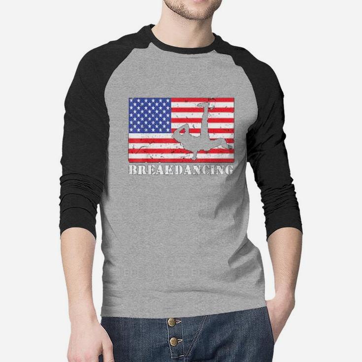 Breakdancing USA American Flag Hobby Gift Raglan Baseball Shirt