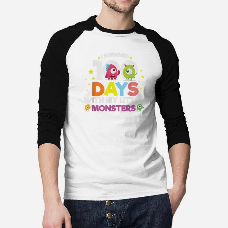 I Survived 100 Days With Monsters Student And Teachers Gift Raglan Baseball Shirt