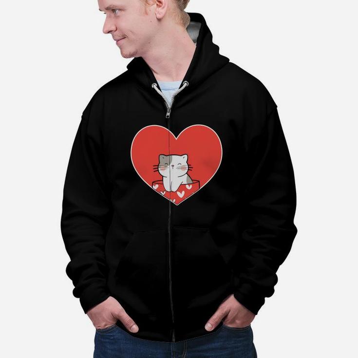 Cute Cat Love Heart Valentines Day Gift Happy Valentines Day Zip Up Hoodie