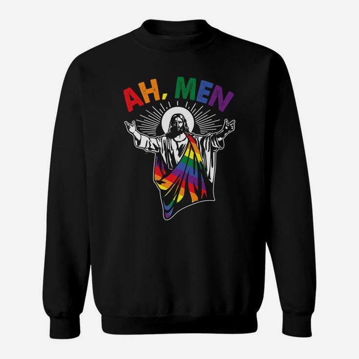 Ah Men Funny Lgbt Gay Pride Jesus Rainbow Flag Christian Sweatshirt