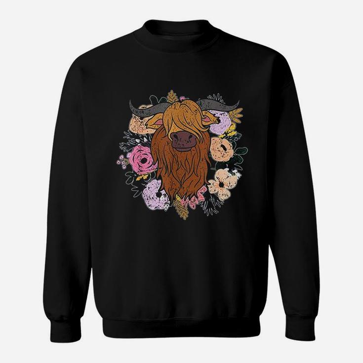 Animal Farmer Rose Flowers Highland Cow Sweatshirt