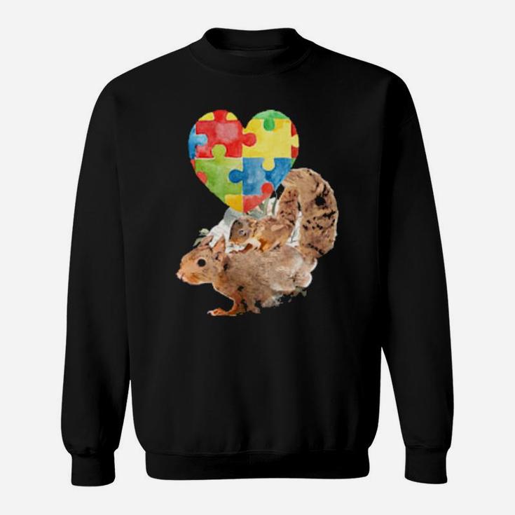 Autism Awareness Mommy Squirrel With Baby Puzzle Heart Love Sweatshirt