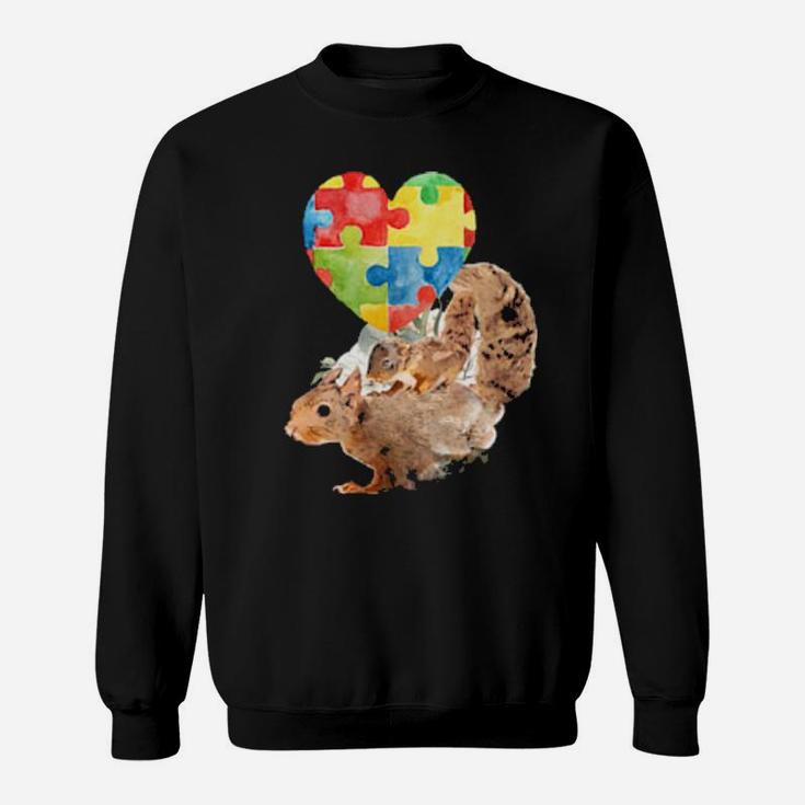 Autism Awareness Mommy Squirrel With Baby Puzzle Heart Love Sweatshirt
