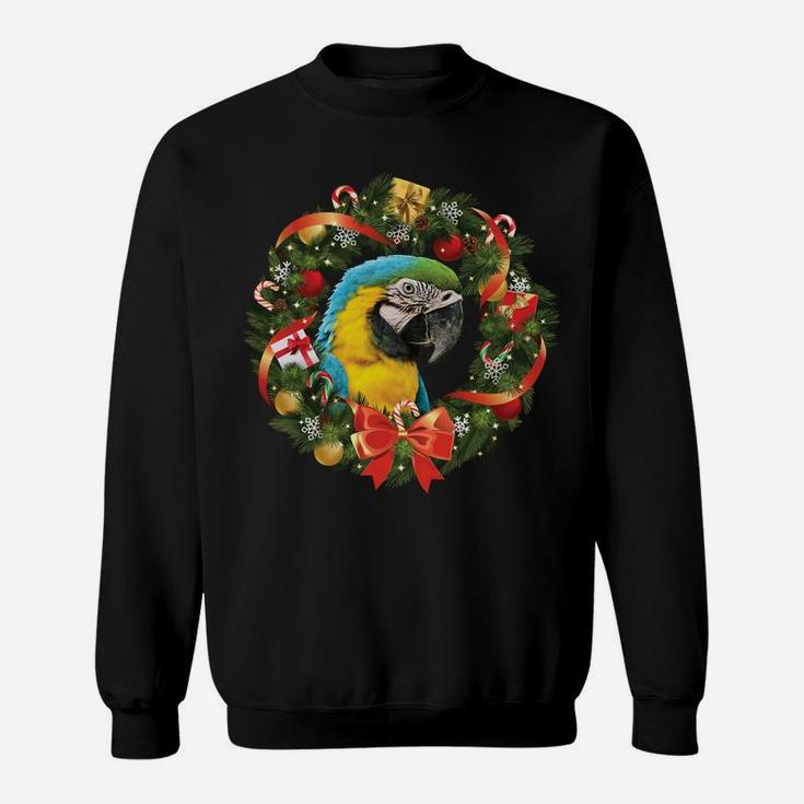 Blue & Gold Macaw Parrot Christmas Wreath Sweatshirt Sweatshirt