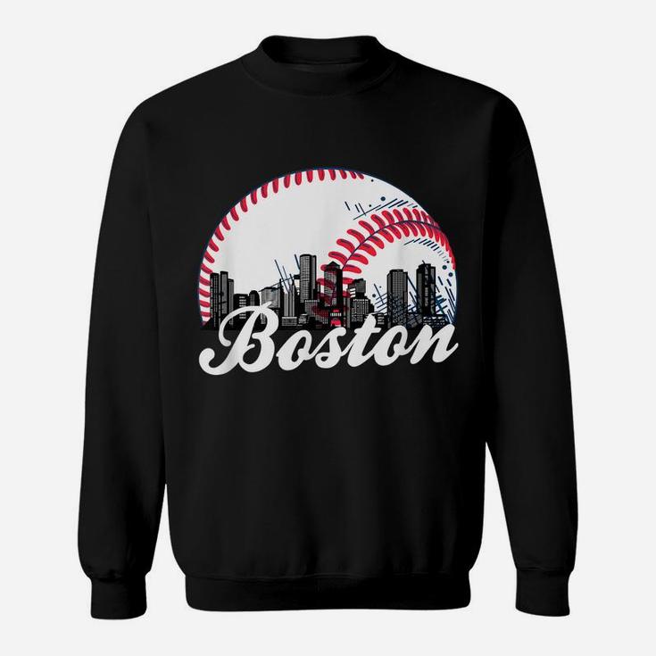 Boston Baseball Skyline - Retro Boston Baseball Cityscape Sweatshirt