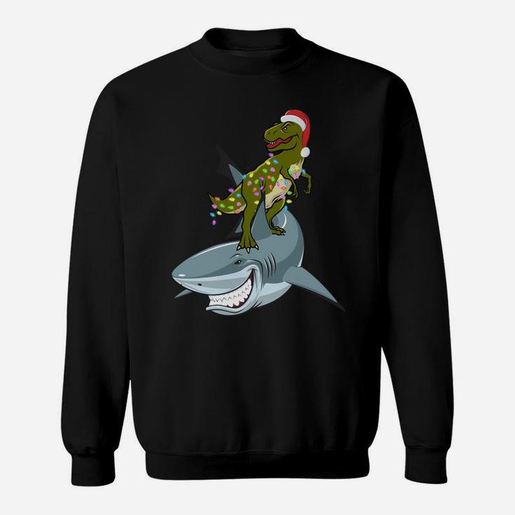 Christmas T-Rex With Xmas Lights Rinding A Shark Gift Funny Sweatshirt Sweatshirt