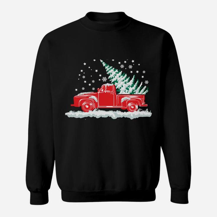 Christmas Tree In Back Of Old Red Pick Up Truck Snowing Sweatshirt
