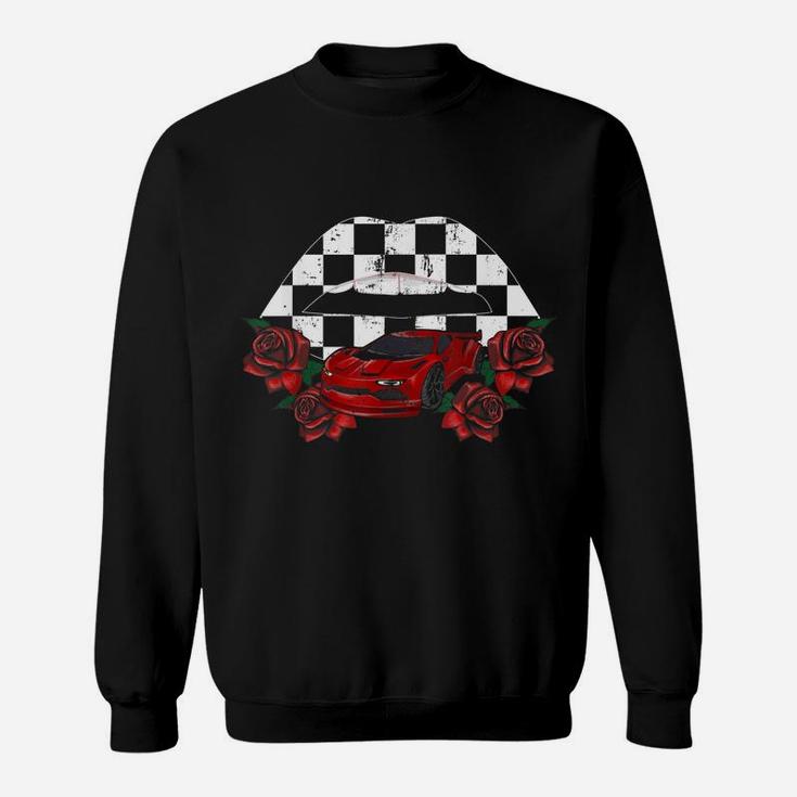 Cool Checkered Lips Kiss Red Rose Flower Car Racing Party Sweatshirt