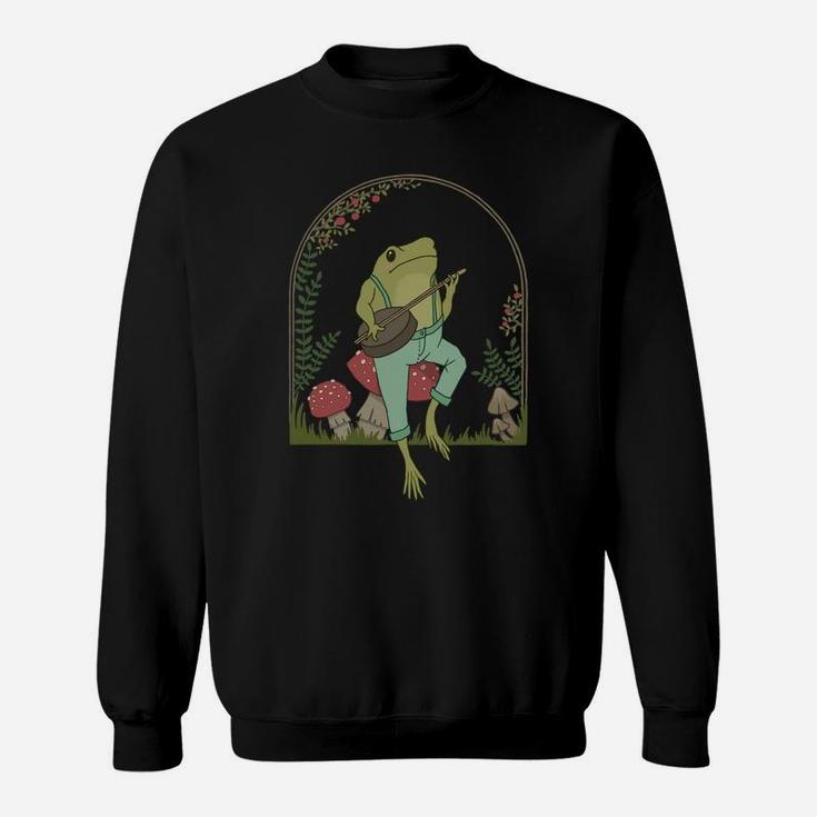 Cottagecore Aesthetic Frog Playing Banjo On Mushroom Cute Sweatshirt Sweatshirt