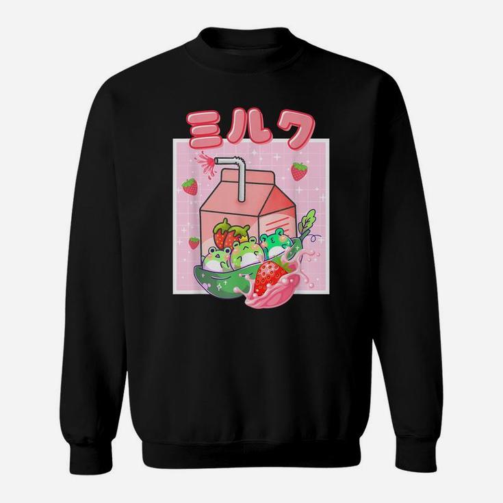 Cute Cottagecore Kawaii Frog Strawberry Milk Retro 90S Tee Sweatshirt