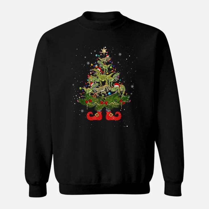 Dinosaur T-Rex Christmas Tree Lights Funny Santa Hat Lover Sweatshirt