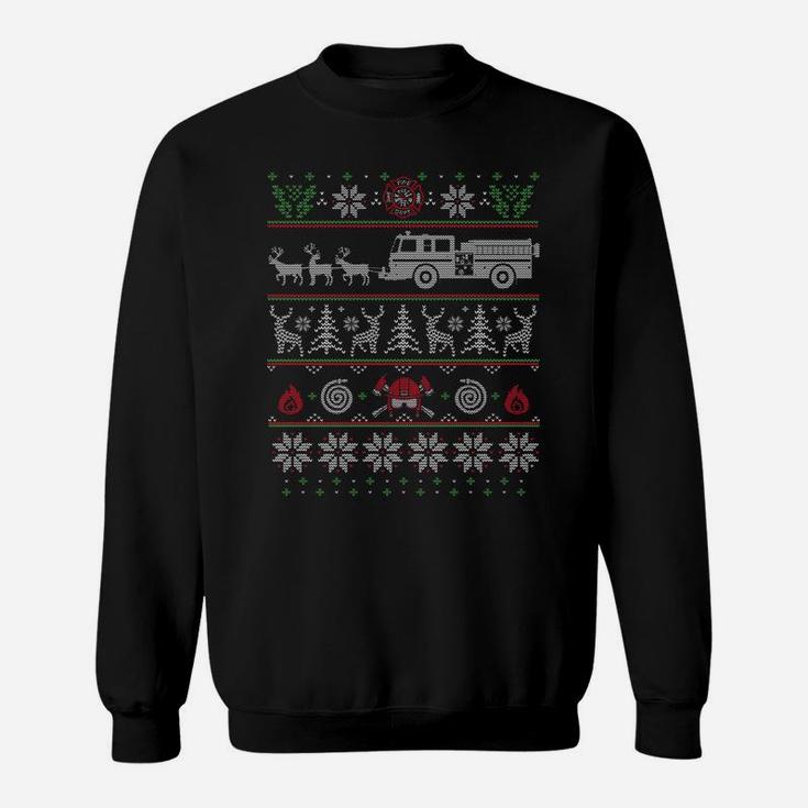 Firefighter Fire Truck Pulled By Reindeer Ugly Christmas Sweatshirt