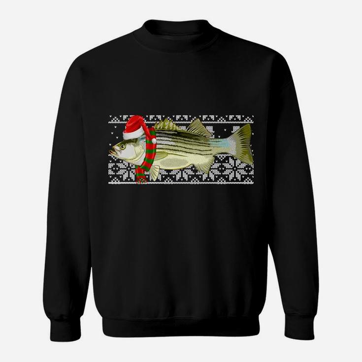 Fish Xmas Santa Hat Striped Bass Ugly Christmas Sweatshirt Sweatshirt
