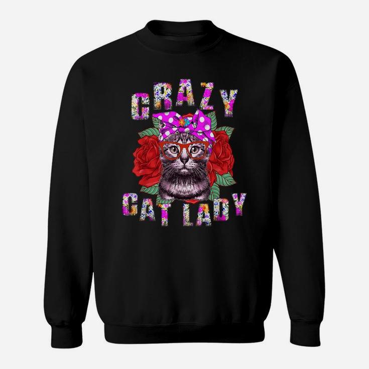 Flower Crazy Cat Lady Gift For Women Girls Vintage Red Roses Sweatshirt