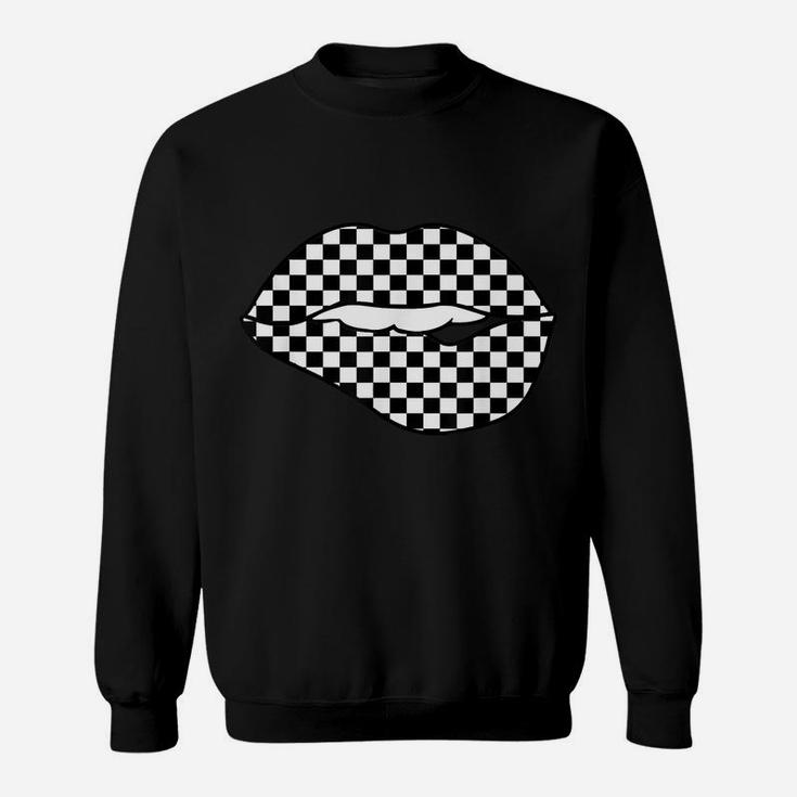 Funny Checkered Black White Lip Gift Cute Checkerboard Women Sweatshirt