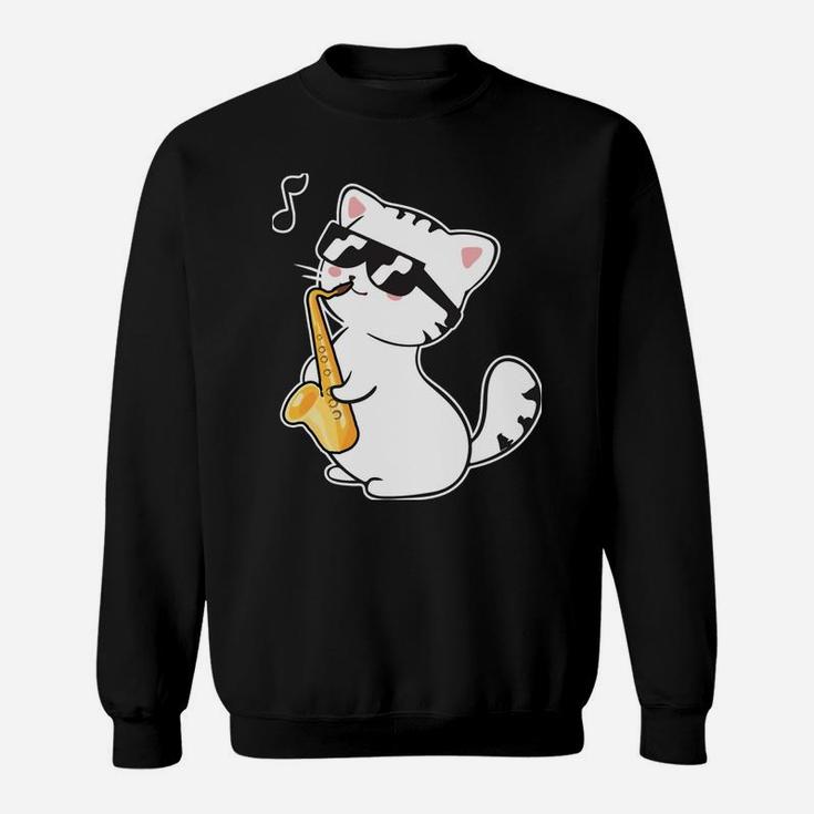 Funny Cool Cat Wearing Sunglasses Playing Saxophone Day Gift Sweatshirt