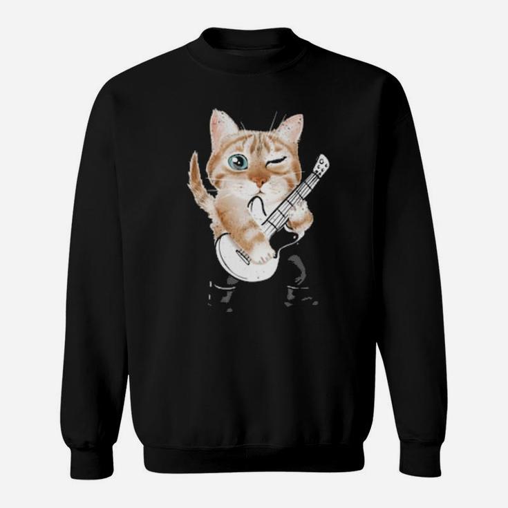 Funny Distressed Retro Vintage Cat Playing Music Sweatshirt