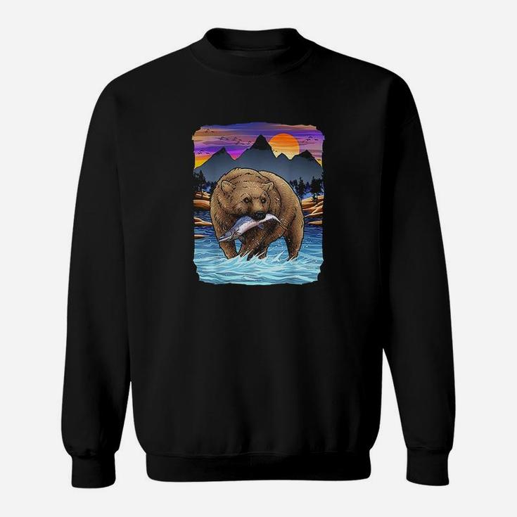 Grizzly Bear Catching Salmon Alaska  Fishing Nature Lover Sweatshirt