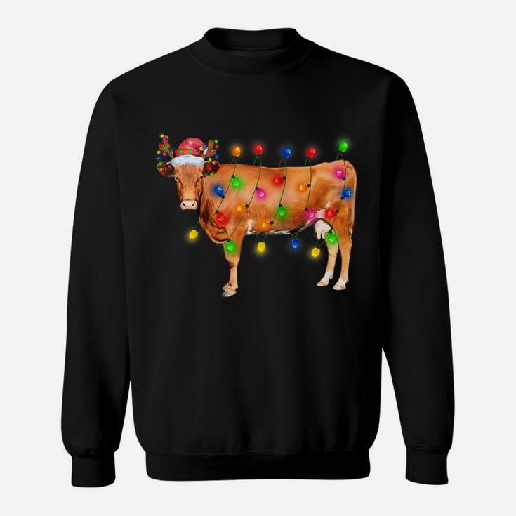 Heifer Cow Christmas Lights Funny Santa Hat Merry Christmas Raglan Baseball Tee Sweatshirt