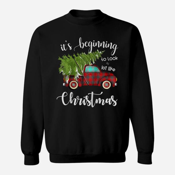 Its Beginning To Look A Lot Like Christmas Vintage Truck Raglan Baseball Tee Sweatshirt