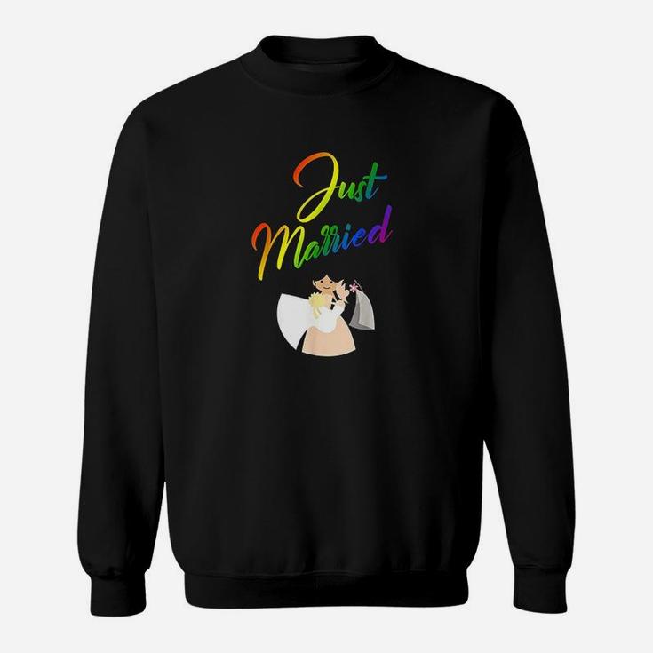 Just Married Double Bride Couple Rainbow Color Print Sweatshirt