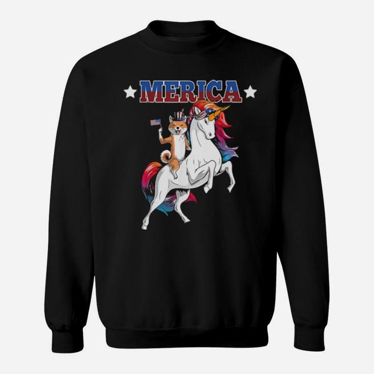 Merica Shiba Inu Dog Unicorn Usa Flag 4Th Of July Sweatshirt