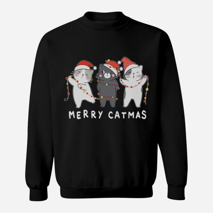 Merry Catmas Meowy Cutes Three Cat Santa Hat Christmas Sweatshirt Sweatshirt