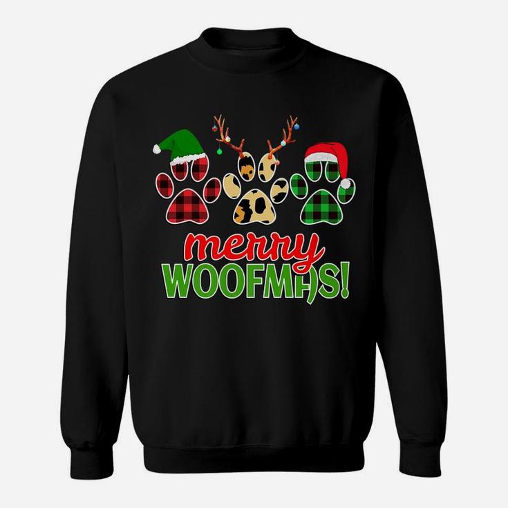 Merry Woofmas Dog Paw Christmas Buffalo Plaid Leopard Print Sweatshirt