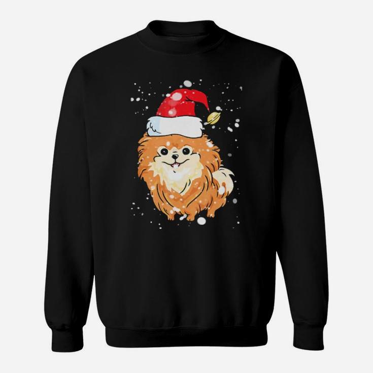 Pomeranian Licking Snow On Nose Santa Xmas Hat Sweatshirt
