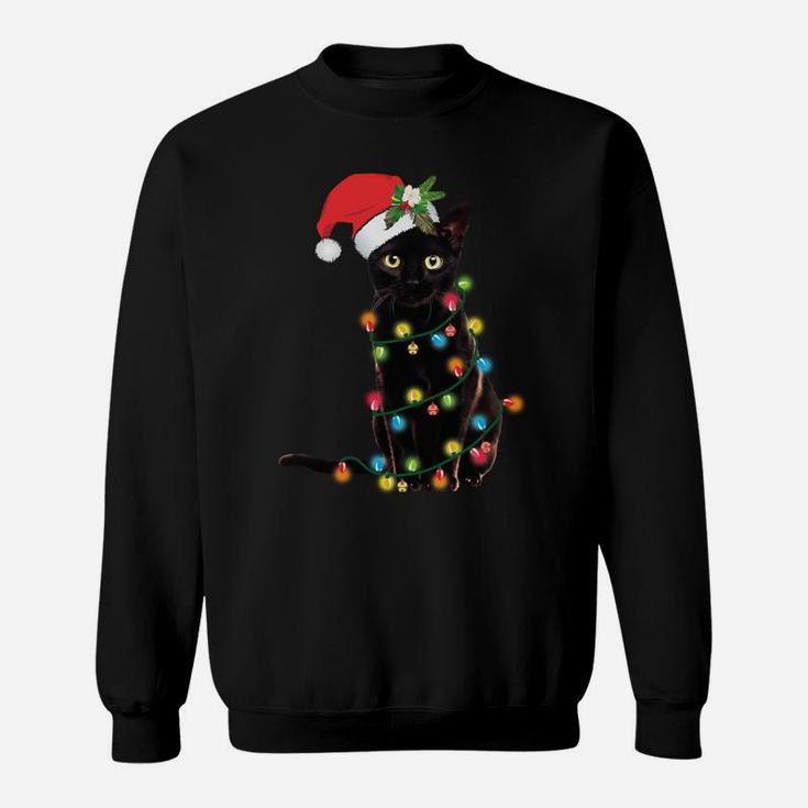 Santa Black Cat Wrapped Up In Christmas Tree Lights Holiday Sweatshirt