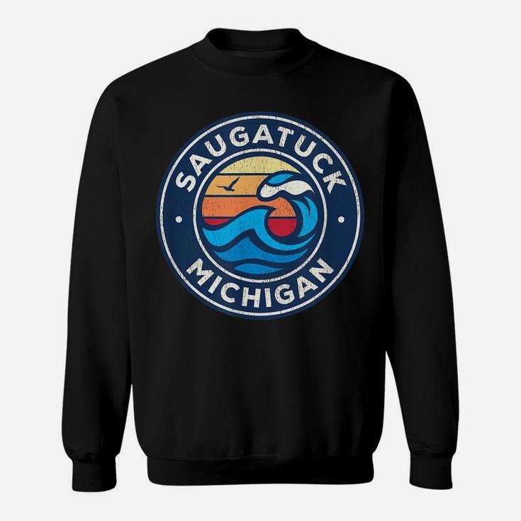 Saugatuck Michigan Mi Vintage Nautical Waves Design Sweatshirt