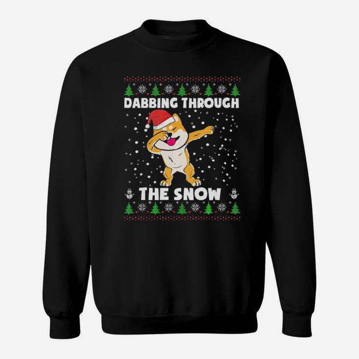 Shiba Inu Dabbing Through The Snow Ugly Xmas Gift Sweatshirt