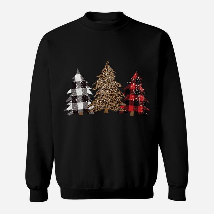 Snowy Trees Leopard Buffalo Plaid Print Cute Merry Christmas Sweatshirt