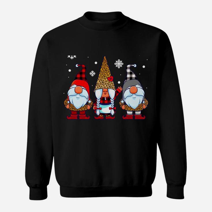 Three Gnomes In Leopard Print Buffalo Plaid Christmas Xmas Sweatshirt