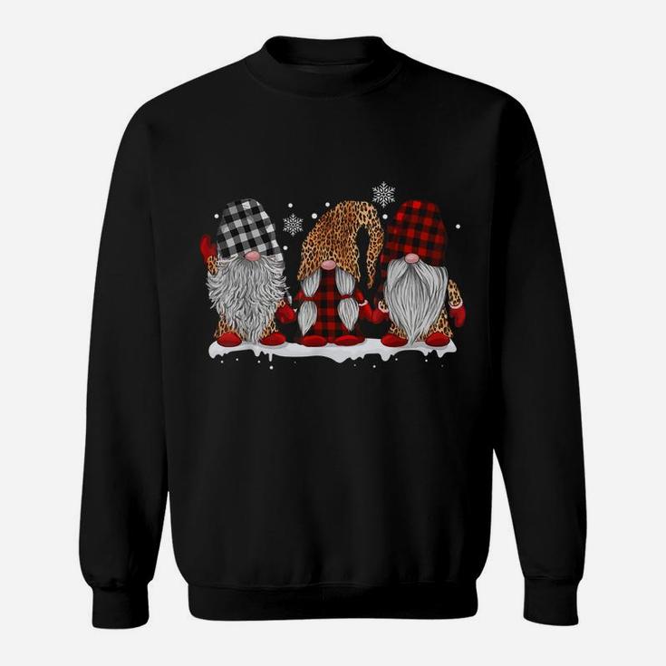 Three Gnomes In Leopard Printed Buffalo Plaid Christmas Gift Sweatshirt