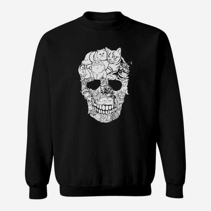 Totenkopf Sweatshirt mit Katzenmotiv, Schwarz, Lustiges Katzenliebhaber Design