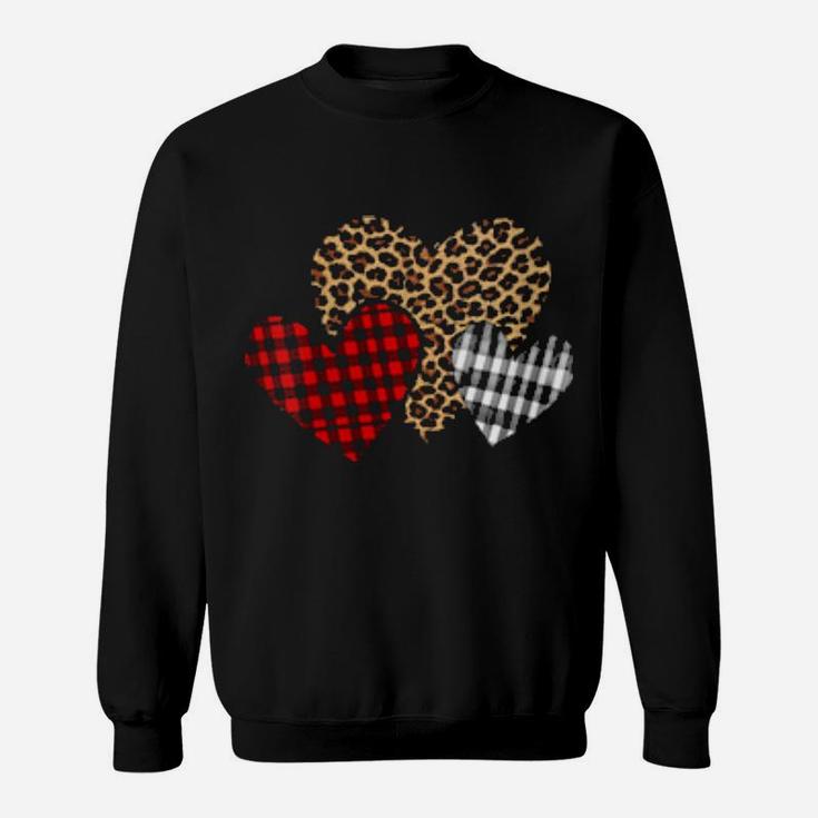 Valentines 3 Hearts Buffalo Plaid Leopard Mom Grandmother Sweatshirt
